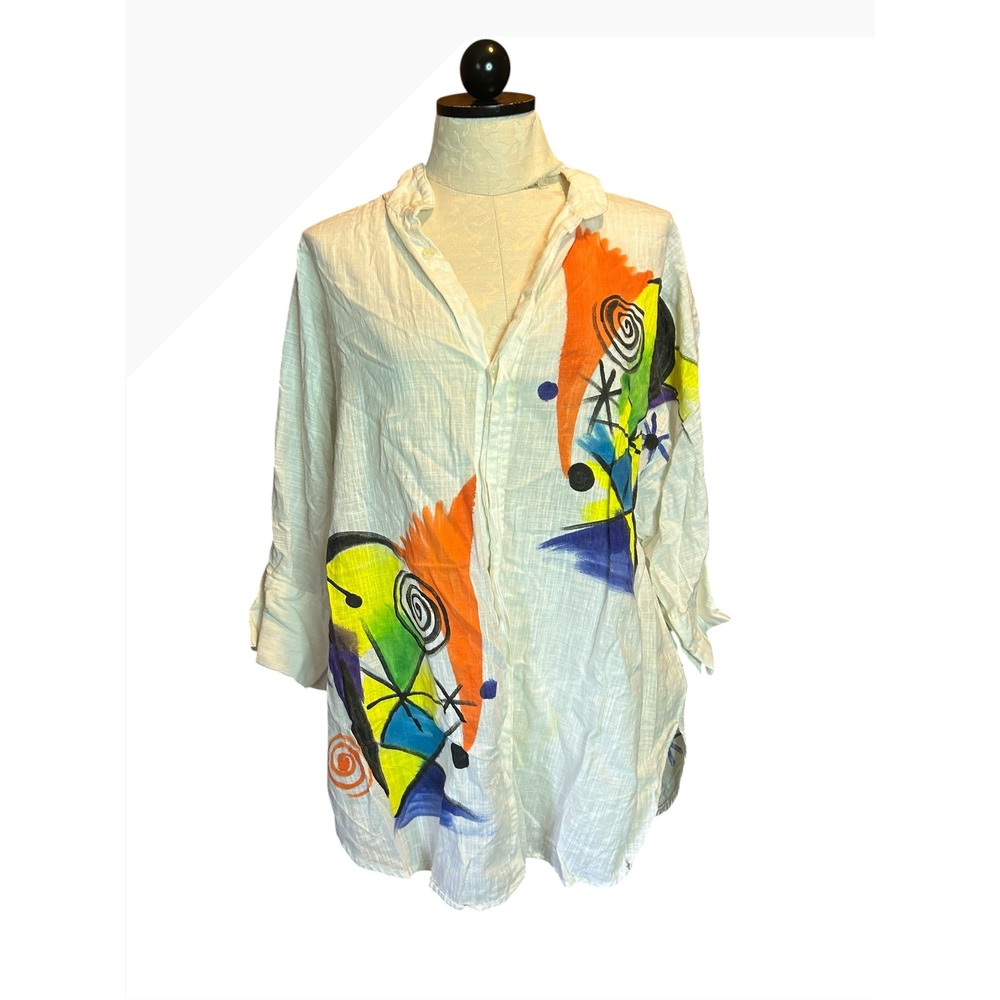 Dilemma New York Abstract Art Print Button Up Shirt‎ White Artistic Cotton 2X??